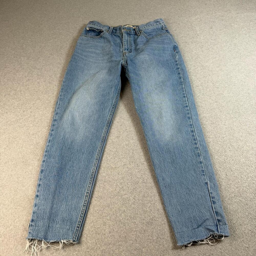 Levis Premium Mom Jeans Women 30 Blue Light Wash High Rise Ankle Denim Raw Hem